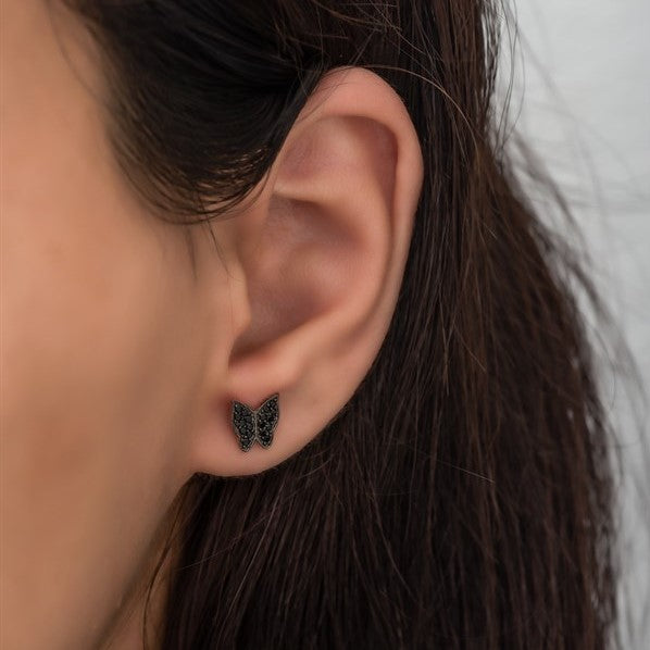 925 Sterling Silver Tiny Black Stone Butterfly Earrings