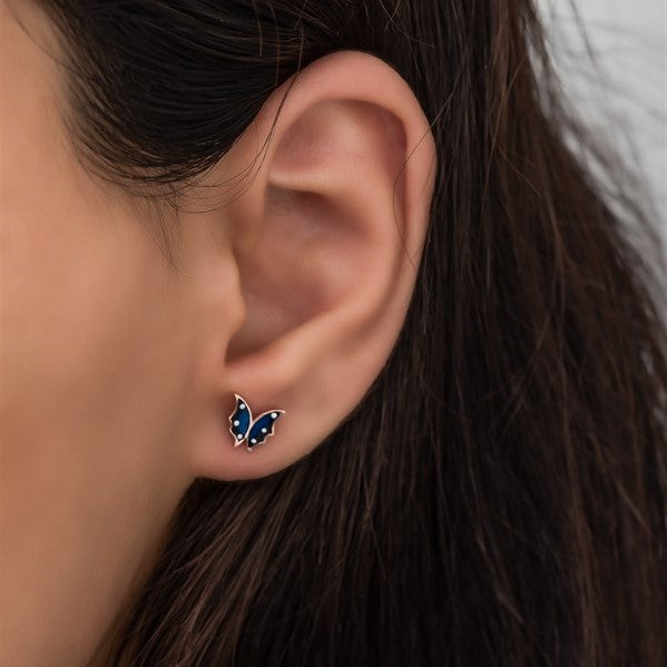 925 Sterling Silver Tiny Blue Enamel Butterfly Earrings