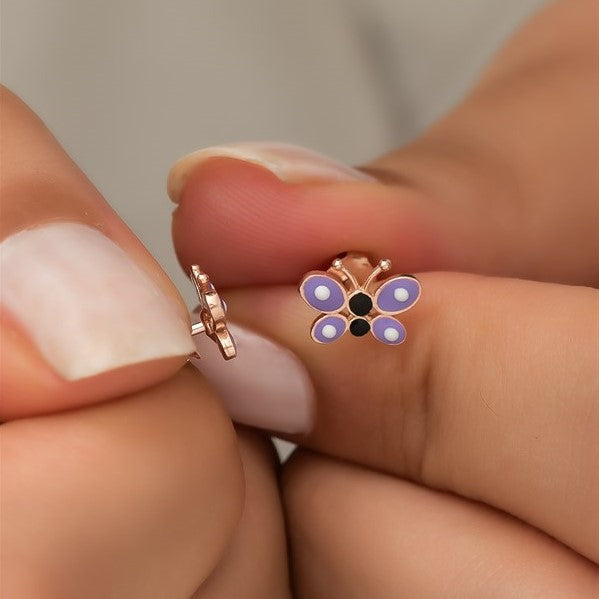 925 Sterling Silver Tiny Purple Enamel Butterfly Earrings
