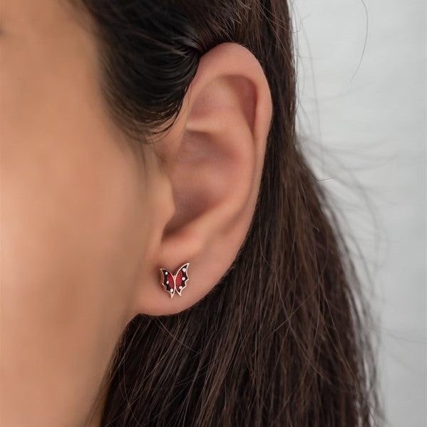 925 Sterling Silver Tiny Red Enamel Butterfly Earrings