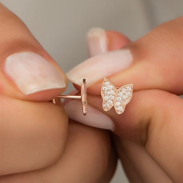 925 Sterling Silver Tiny Rose Zircon Stone Butterfly Earrings