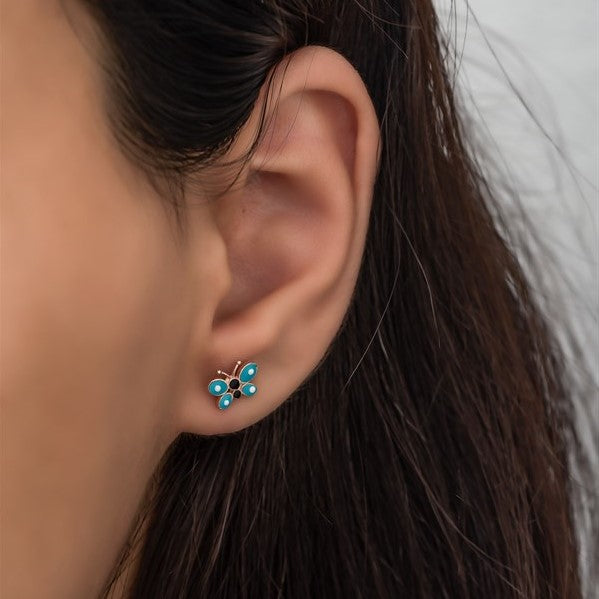 925 Sterling Silver Tiny Turquoise Enamel Butterfly Earrings