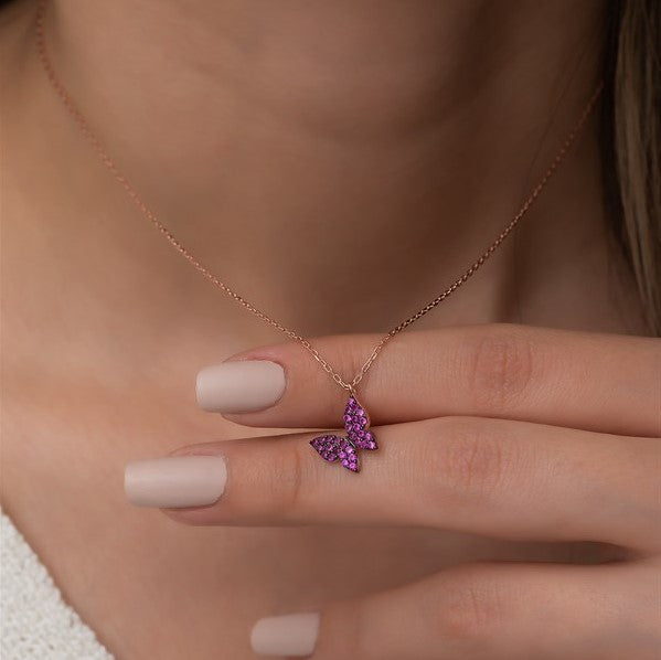 925 Sterling Silver Tiny Pink Butterfly Necklace