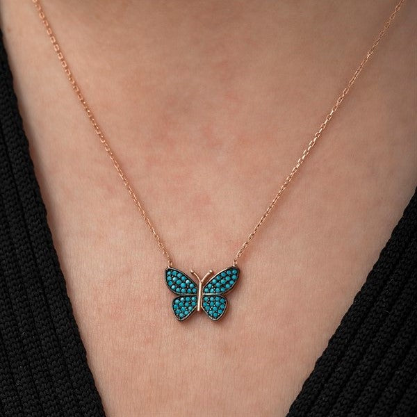 925 Sterling Silver Turquoise Stone Butterfly Necklace