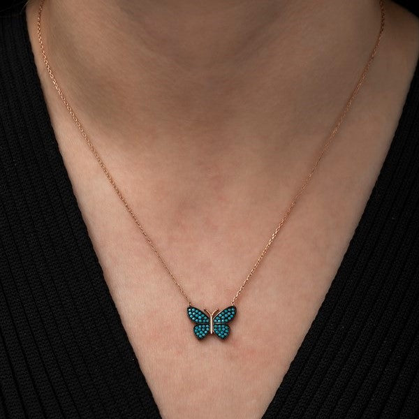 925 Sterling Silver Turquoise Stone Butterfly Necklace