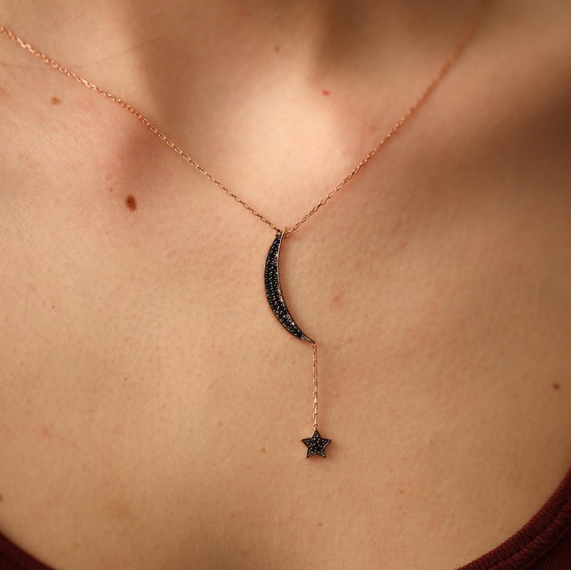 Sterling Silver Zircon Star & Crescent Necklace