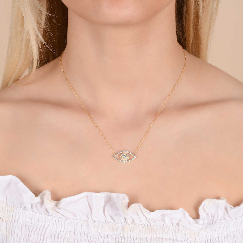 Zircon Stone Diamond Mounted Eye Pattern Gold platedPlated Sterling Silver Necklace