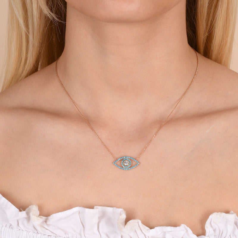 Zircon Stone Diamond Mounted Eye Pattern Rose Plated Sterling Silver Necklace