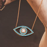 Zircon Stone Diamond Mounted Eye Pattern Rose Plated Sterling Silver Necklace