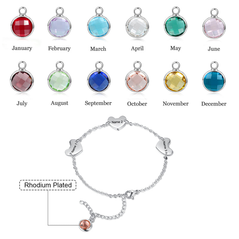 Engraved Stainless Steel Birthstone Heart Charm Bracelet
