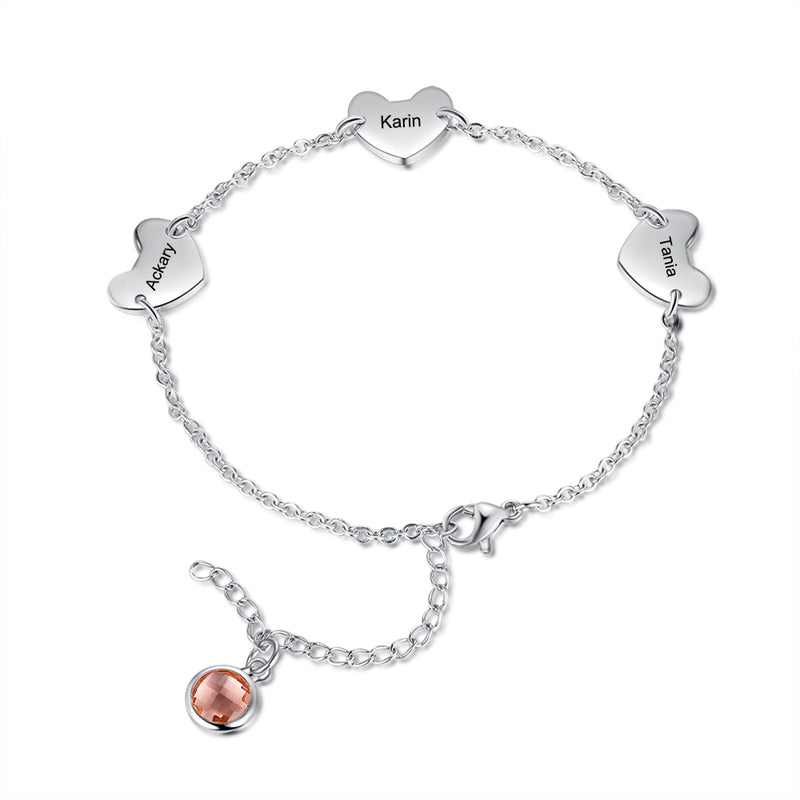 Engraved Stainless Steel Birthstone Heart Charm Bracelet