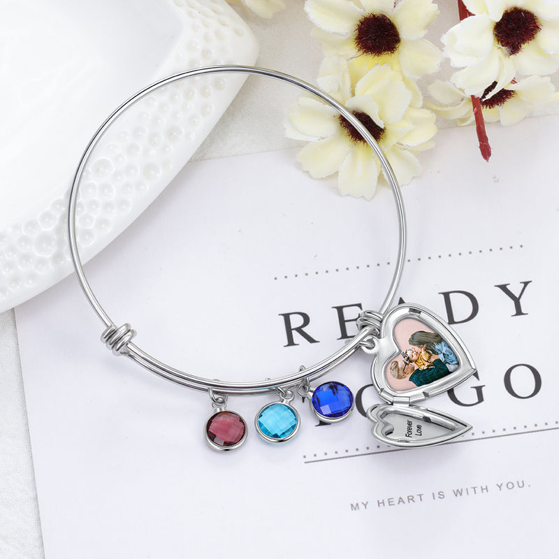 Birthstone Heart Engraved Stainless Steel Bracelet