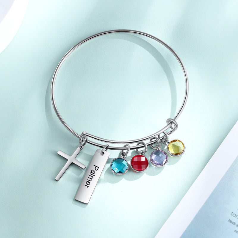 Engraved Rhodium Plated Cross Bracelet