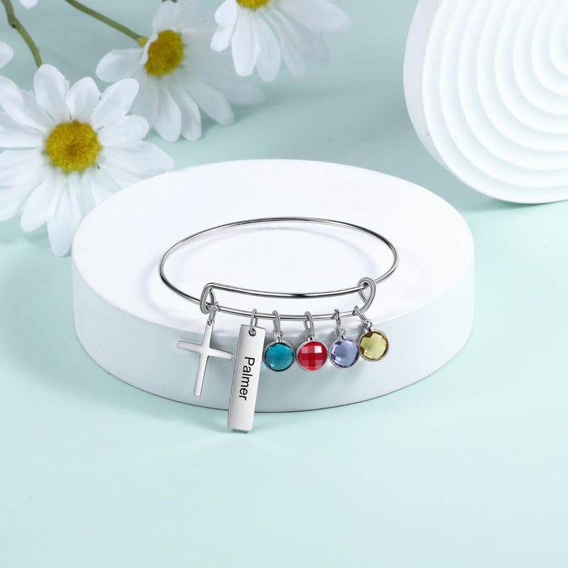 Engraved Rhodium Plated Cross Bracelet