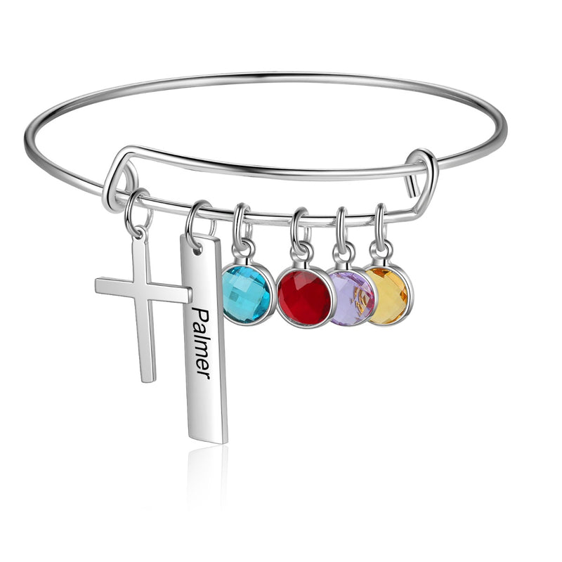 Engraved Rhodium Plated Cross Bracelet