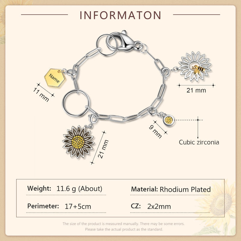 Rhodium Plated Sunflower and Bee Bracelet
