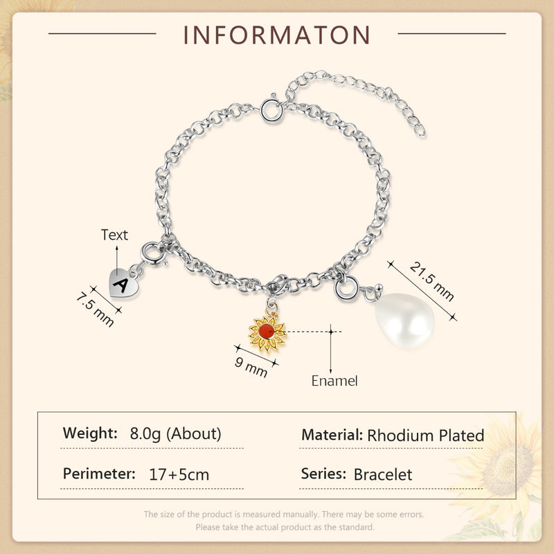 Personalized Rhodium Plated Custom Letter Sunflower Bracelet