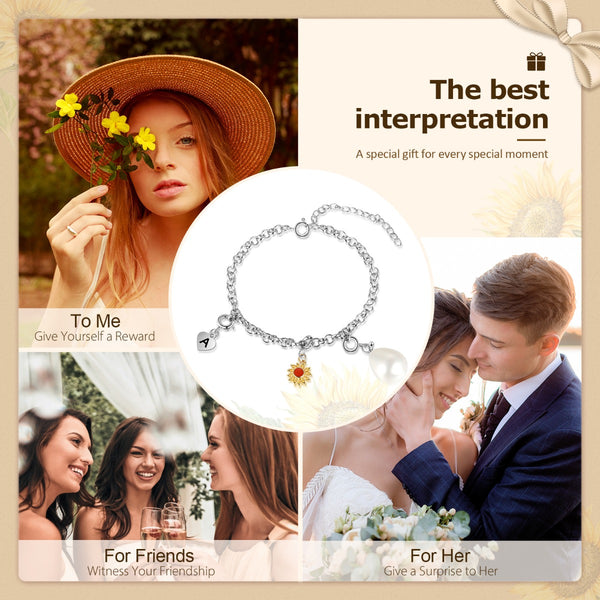 Personalized Rhodium Plated Custom Letter Sunflower Bracelet