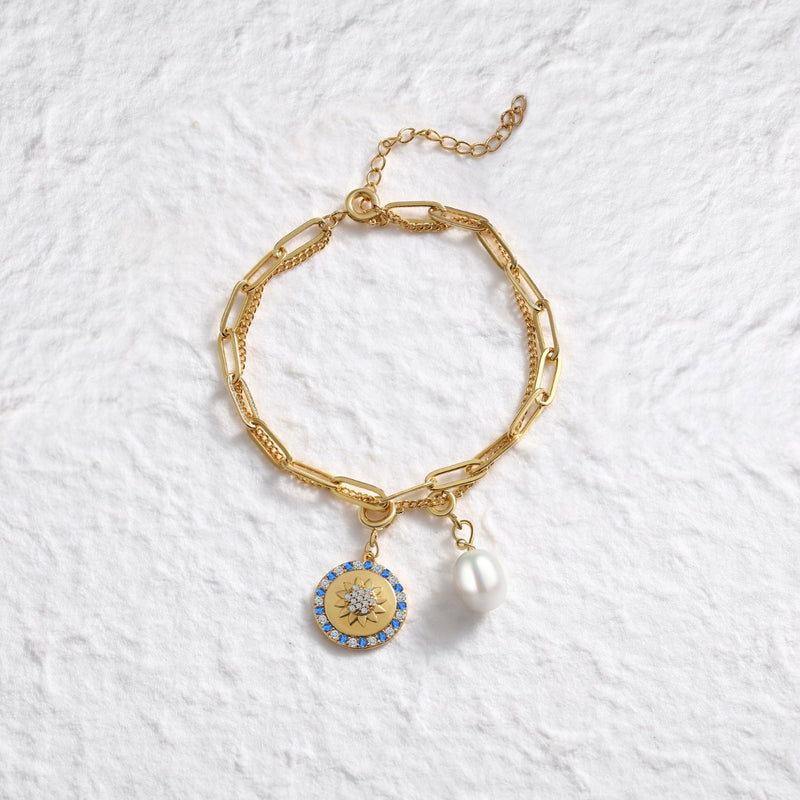 Rhodium Plated Evil Eye Pearl Bracelet