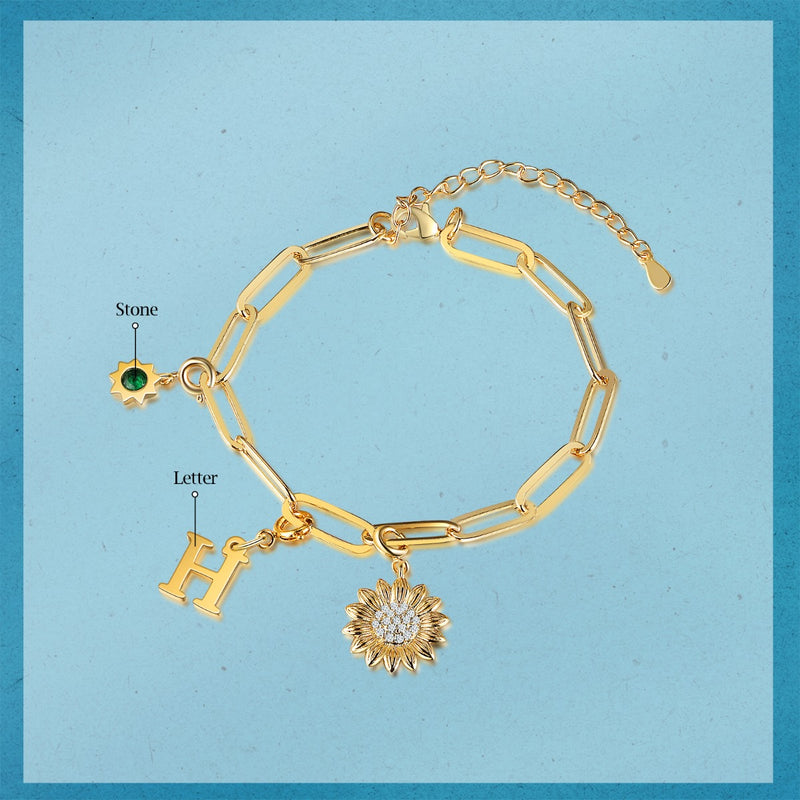 Rhodium Plated Sunflower Letter Bracelet