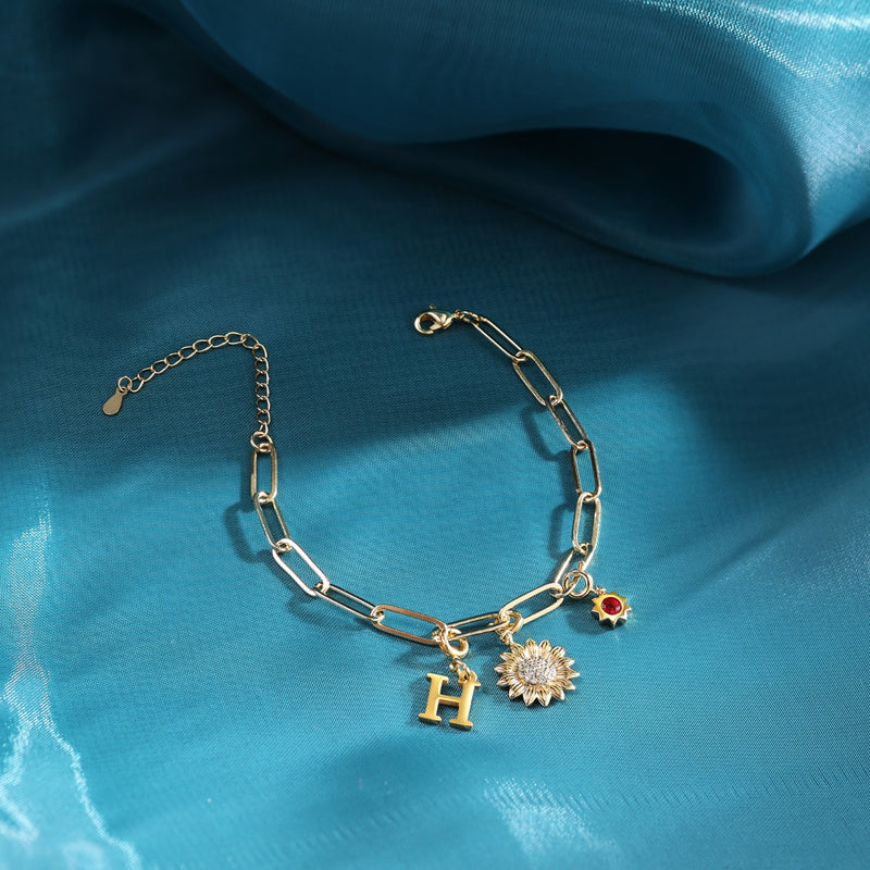 Rhodium Plated Sunflower Letter Bracelet