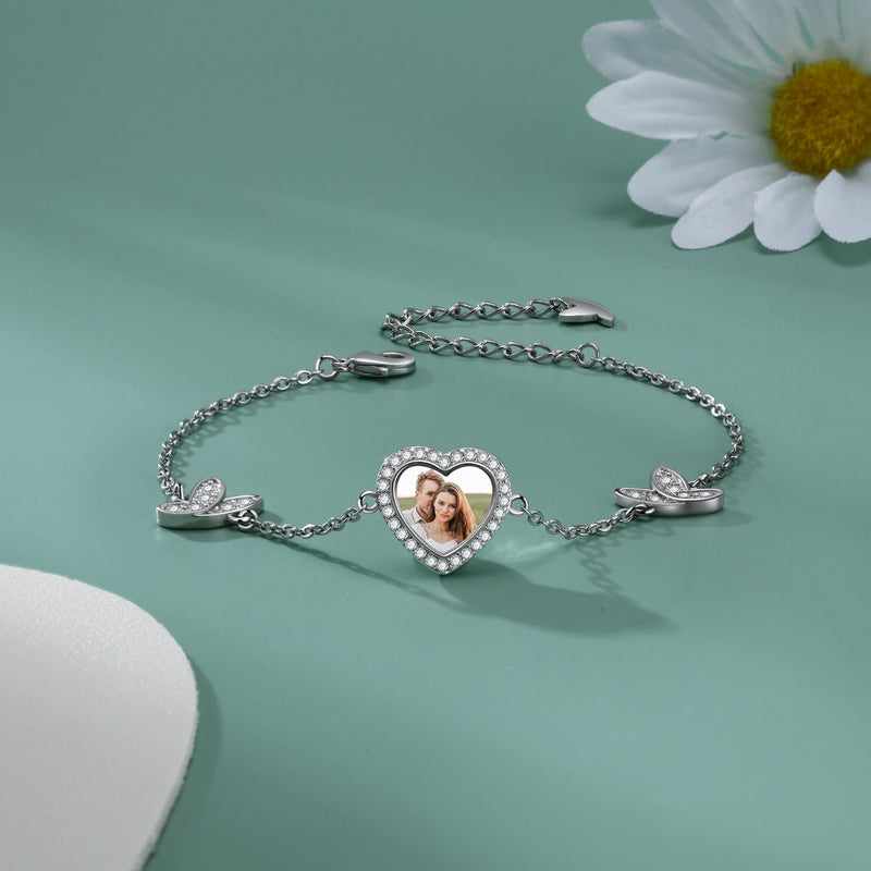 Personalized Rhodium Plated Butterfly Photo Heart Bracelet