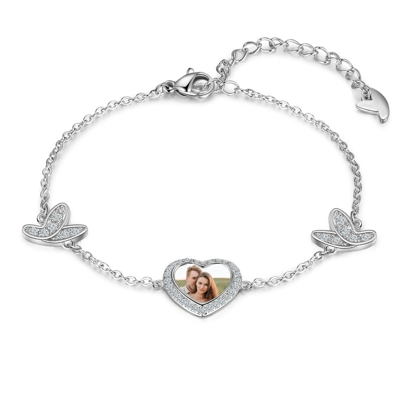 Personalized Rhodium Plated Butterfly Photo Heart Bracelet