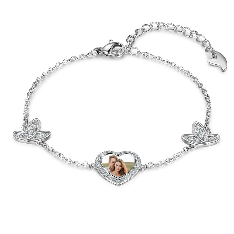 Personalized Rhodium Plated Butterfly Photo Heart Bracelet