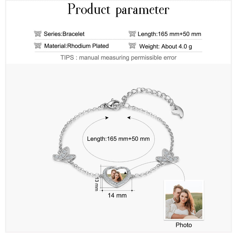 Personalized Rhodium Plated Butterfly Photo Heart Bracelet