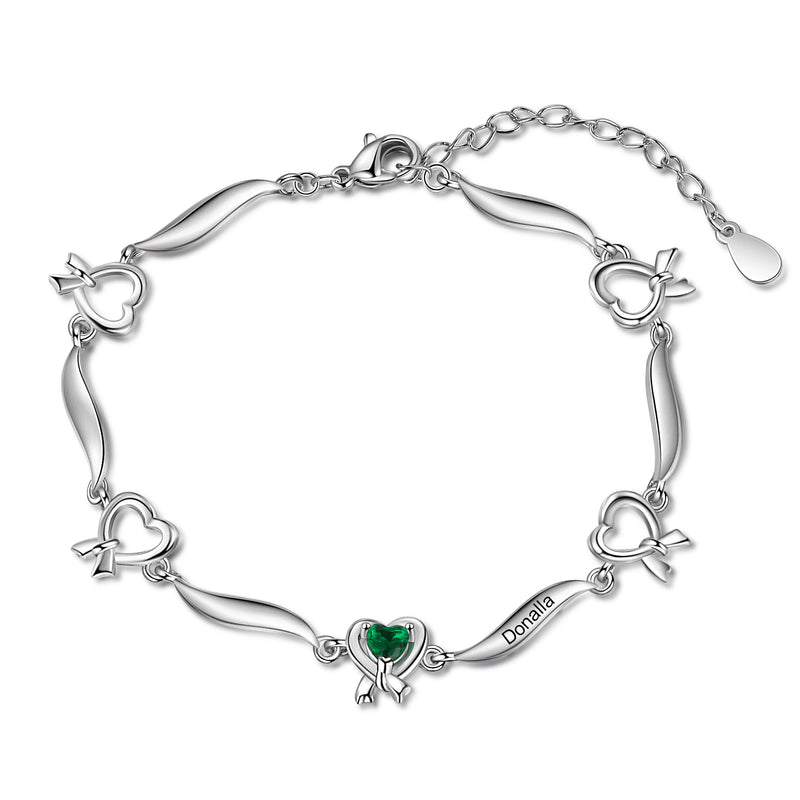 Rhodium Plated Heart Shape Birthstone Bracelet