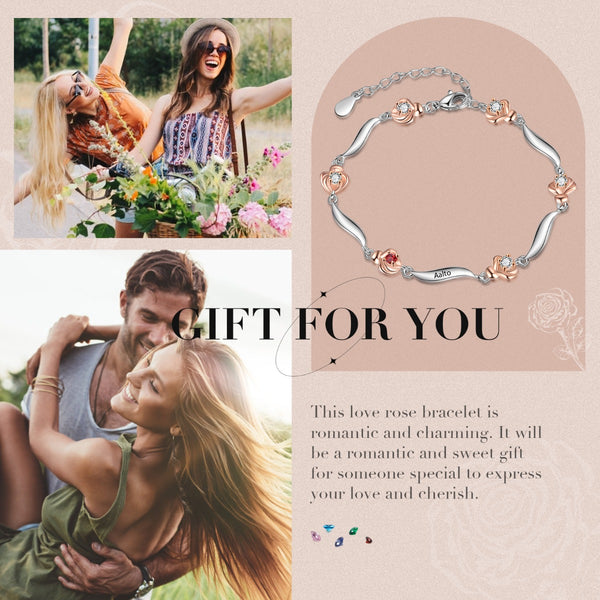 Rhodium Plated Rose Birthstone Bracelet