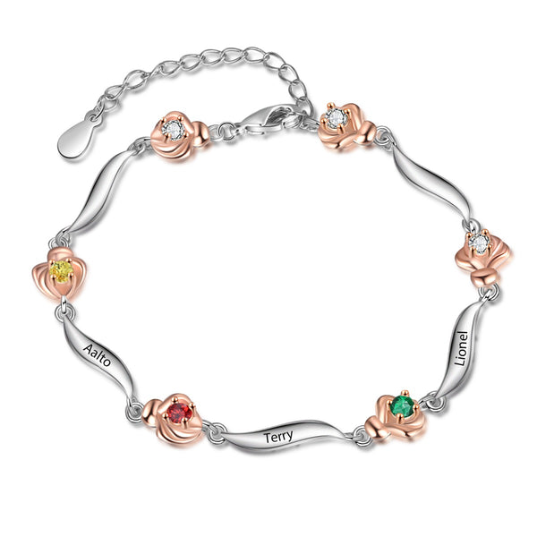 Rhodium Plated Rose Birthstone Bracelet