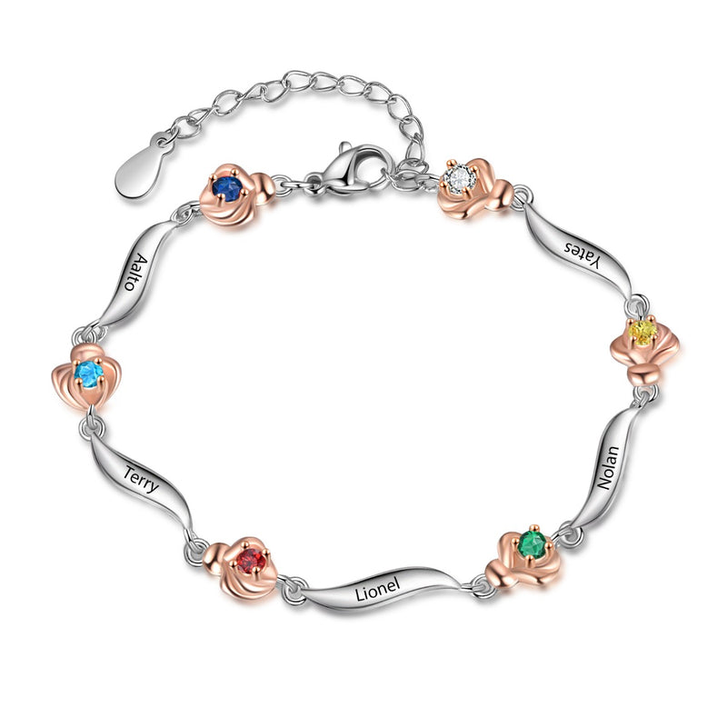 Rhodium Plated Rose Birthstone Bracelet