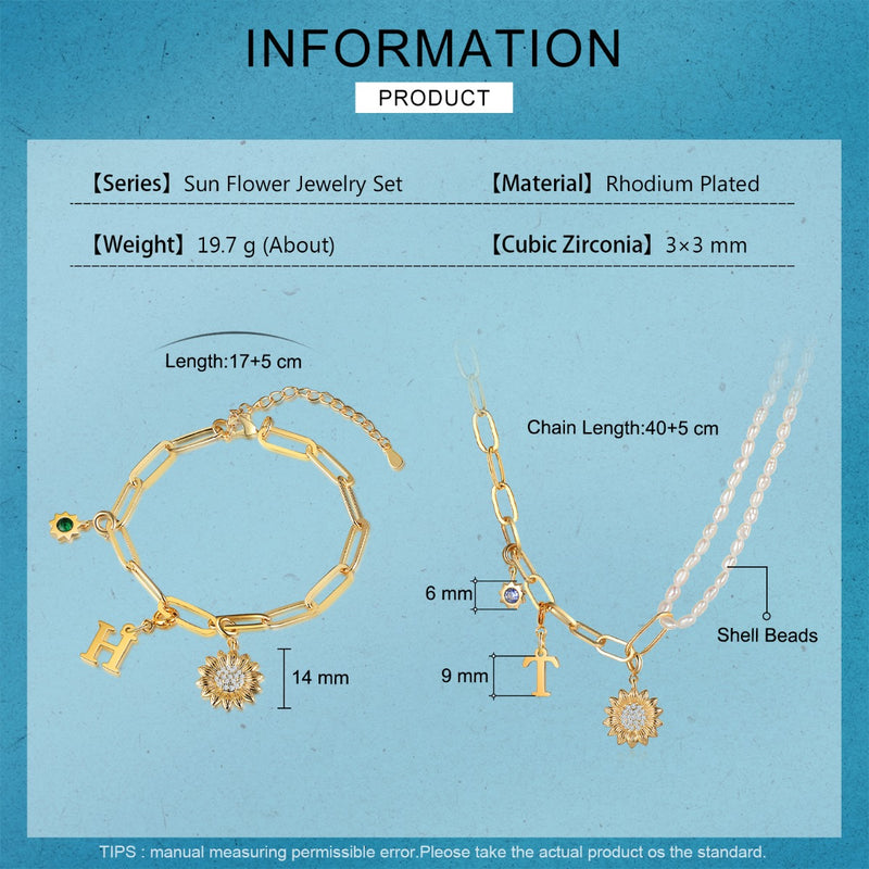 Sunflower Letter Peal Necklace and Bracelet Jewelry Set