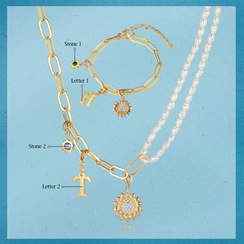 Sunflower Letter Peal Necklace and Bracelet Jewelry Set