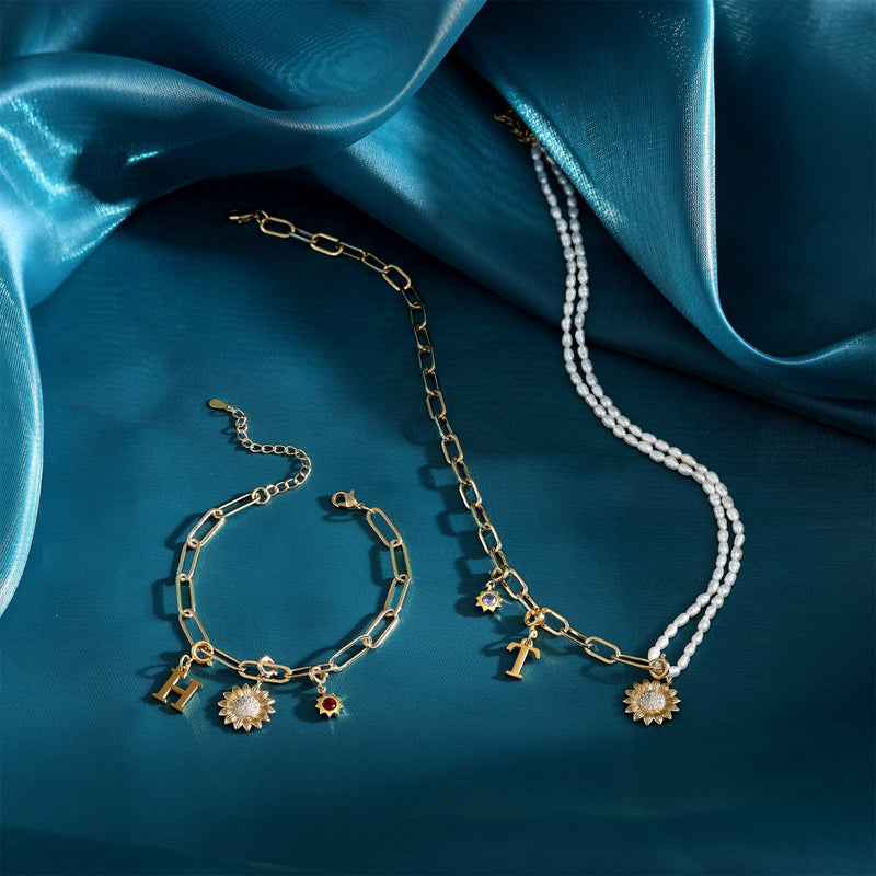 Sunflower Letter Peal Necklace and Bracelet Jewelry Set