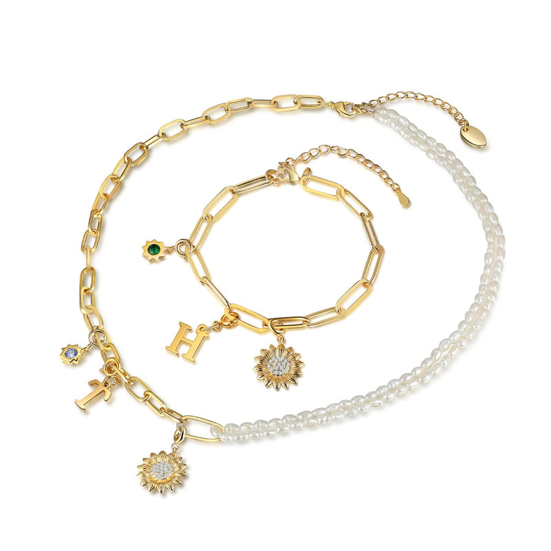 Sunflower Letter Peal Necklace and Bracelet Jewelry Set