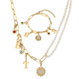 Sunflower Letter Peal Necklace and Bracelet Jewelry Set
