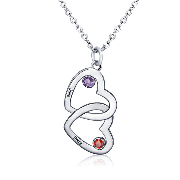 Custom Name Double Heart Shape Pendant Necklace with Birthstones