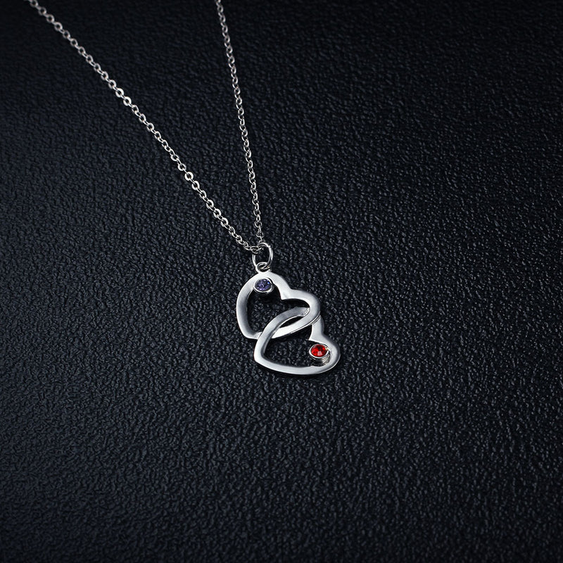 Custom Name Double Heart Shape Pendant Necklace with Birthstones