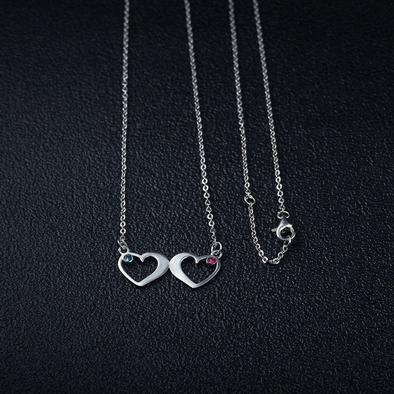 925 Silver Cubic Zircon Double Heart Shape Pendant Necklace with Personalized Names