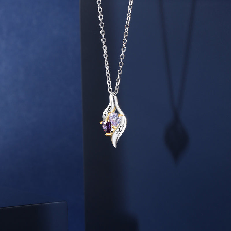 925 Silver Customized Names Two Heart Shape Birthstones Necklace