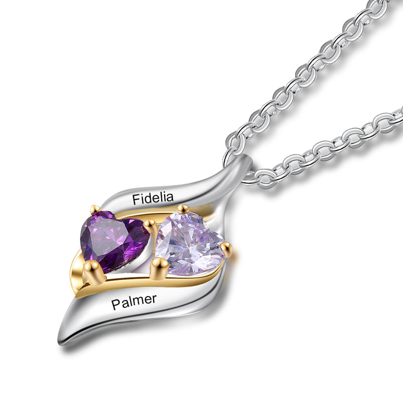925 Silver Customized Names Two Heart Shape Birthstones Necklace