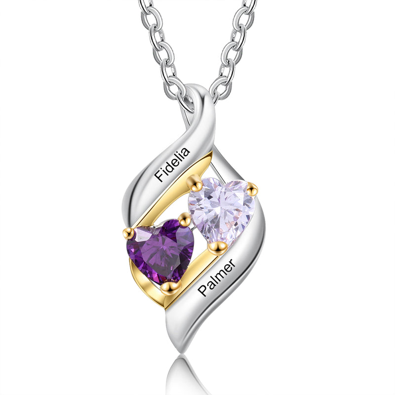 925 Silver Customized Names Two Heart Shape Birthstones Necklace