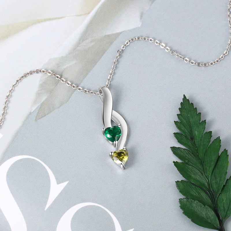 925 Silver Personalized Names Two Heart Shape Birthstones Necklace