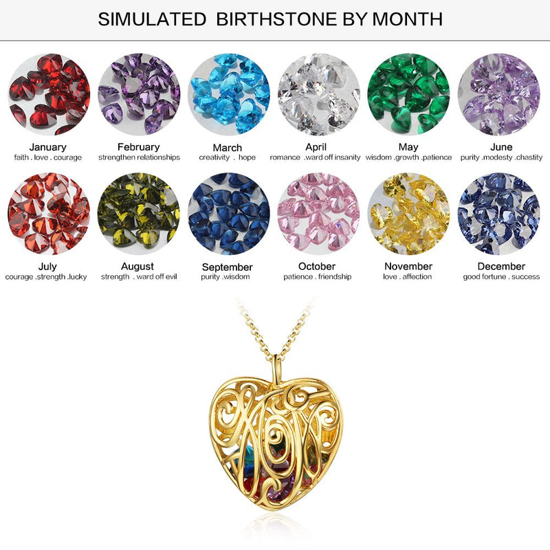 S925 Silver Heart Shape Hollow Pendant Necklace with Colorful Birthstones
