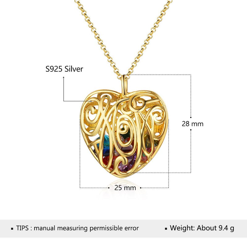 S925 Silver Heart Shape Hollow Pendant Necklace with Colorful Birthstones
