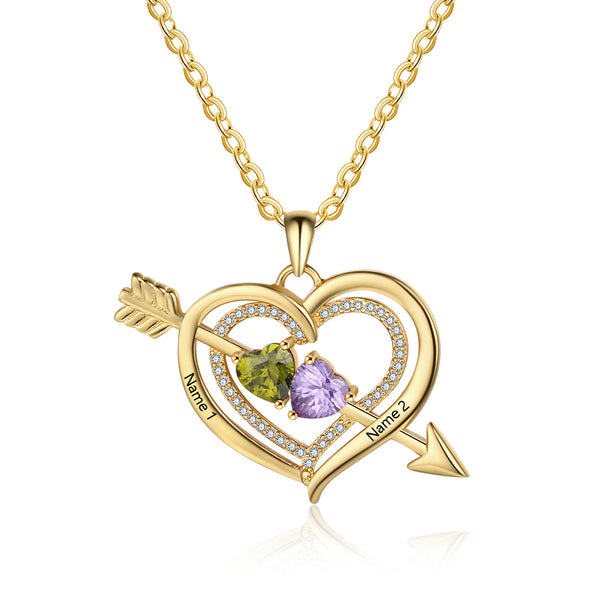 925 Silver Personalized Names Arrow and Heart Shape Necklace with Heart Shape Birthstones