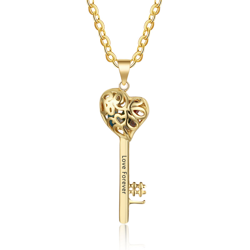 925 Silver Personalized Names Heart Key Pendant Necklace with Birthstones