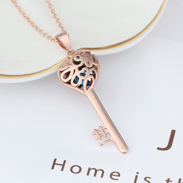 925 Silver Personalized Names Heart Key Pendant Necklace with Birthstones
